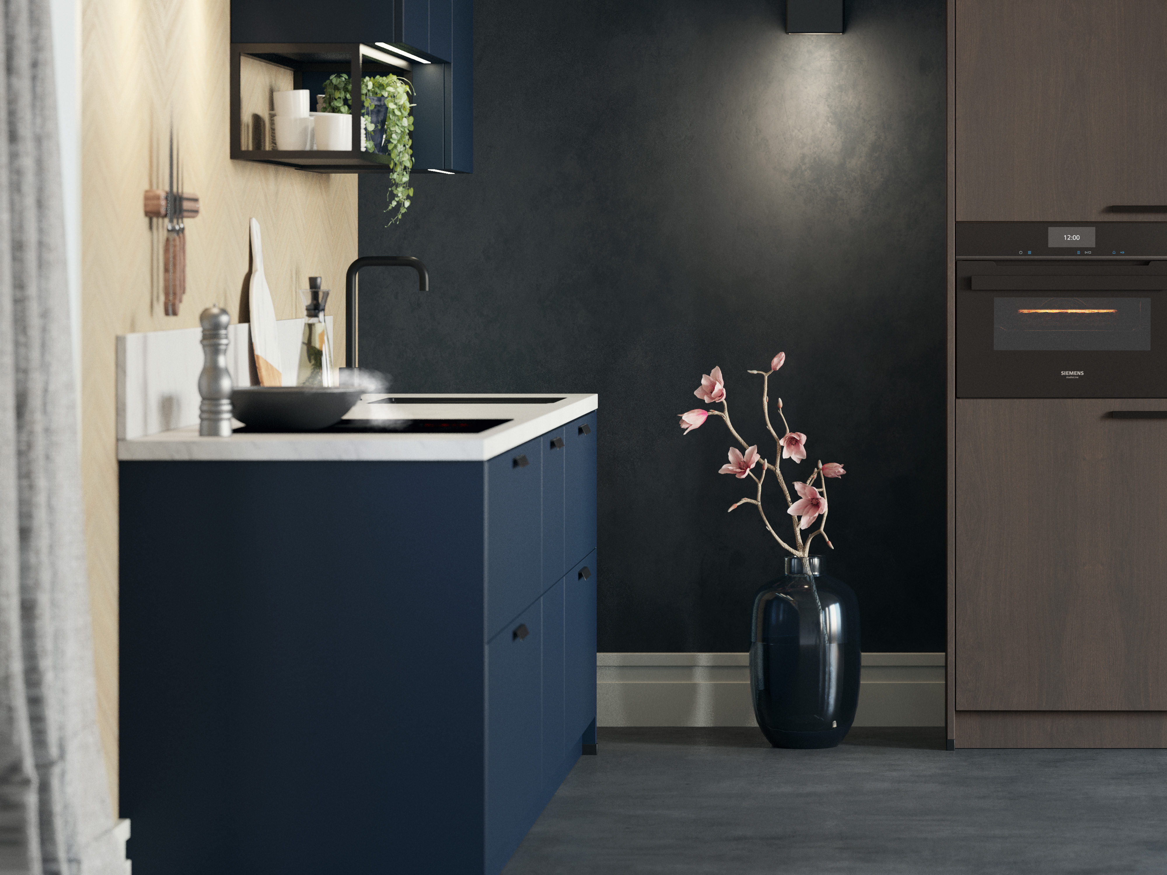 Blauwe keuken Savino met wit keramisch werkblad