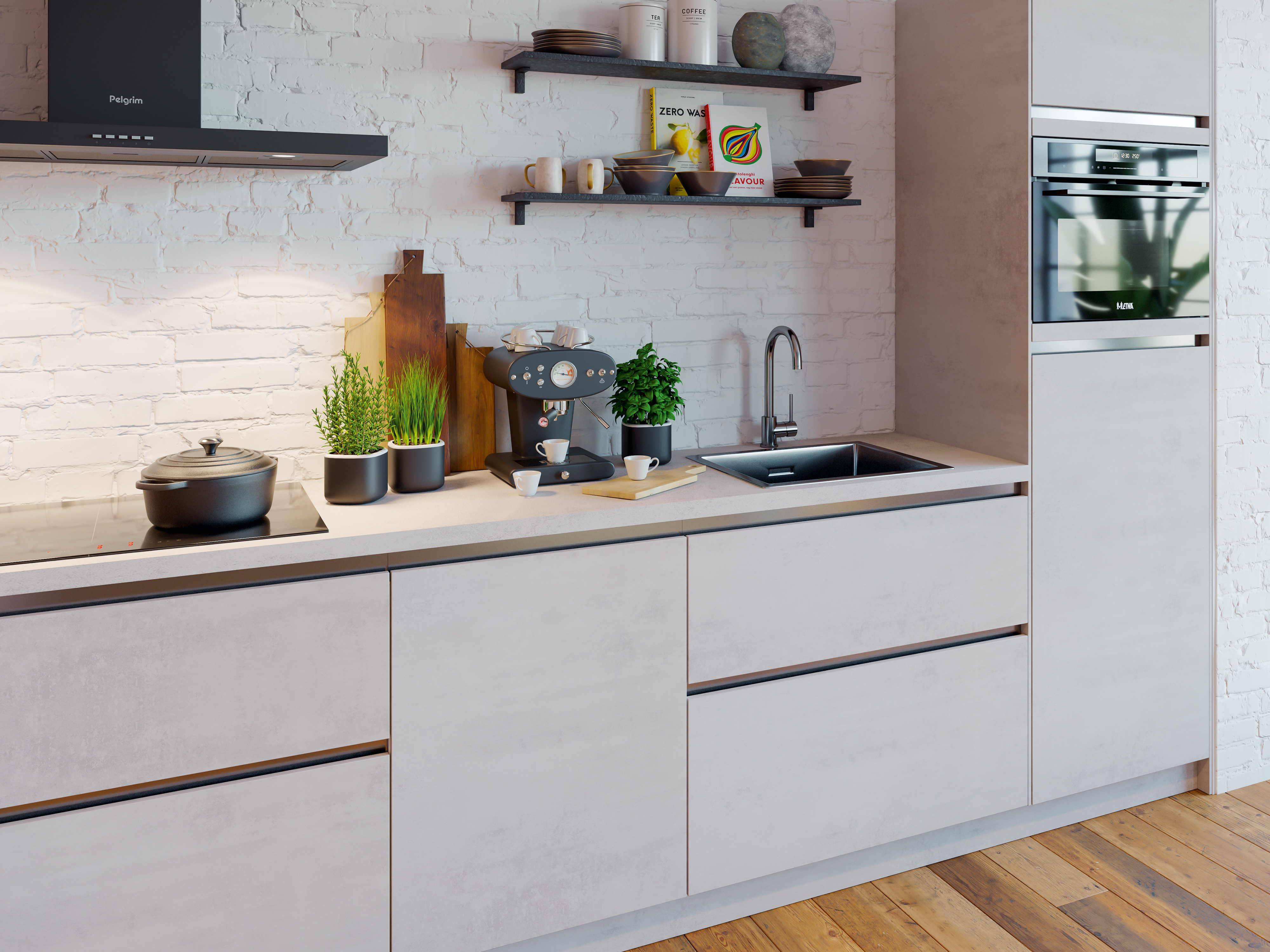 Licht beton look industriële keuken met licht werkblad